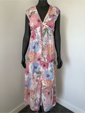 312. lovestitch Pink Floral Tie-Front Maxi Dress with Blue & Cream Accents